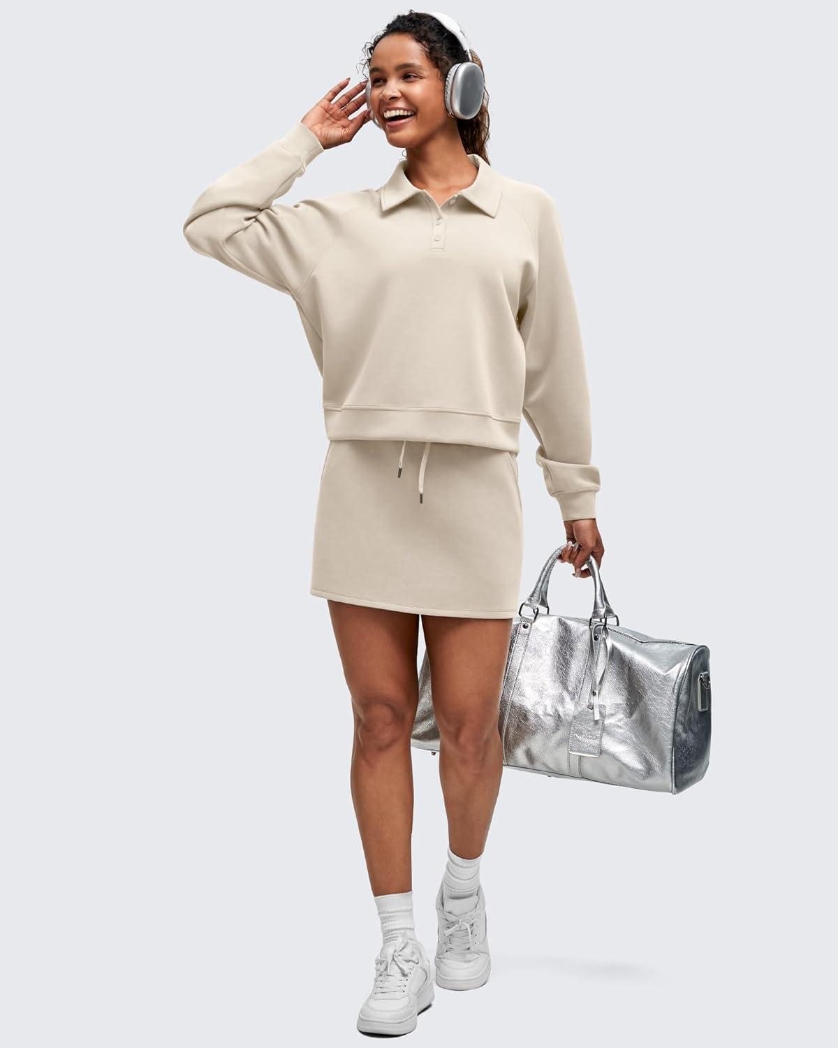 imageG4Free Smoofit Modal Soft Womens Polo Sweatshirts Pullover Long Sleeve Button Up Casual TopsLight Khaki