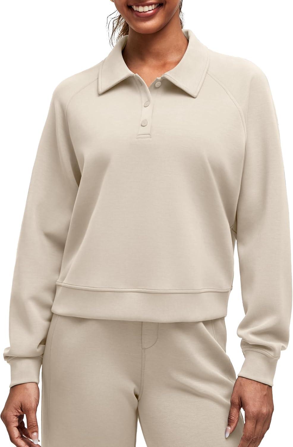 imageG4Free Smoofit Modal Soft Womens Polo Sweatshirts Pullover Long Sleeve Button Up Casual TopsLight Khaki