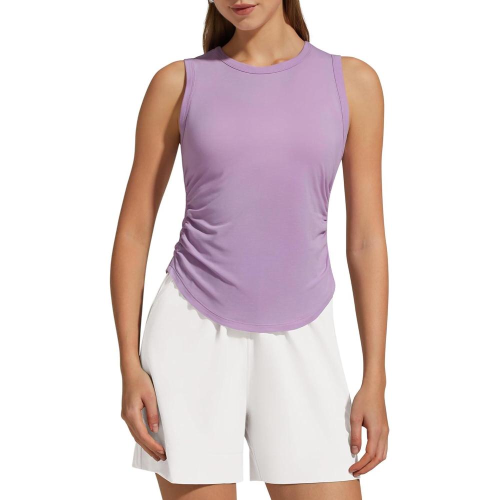 imageG4Free Lyocell Ruched Side Workout Tank Tops Woman High Neck Waist Length Gym Tanks Soft Relaxed Fit for TrainingLight Purple