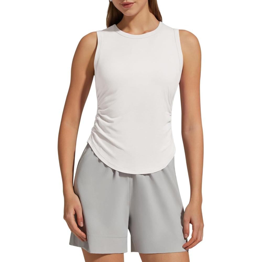 imageG4Free Lyocell Ruched Side Workout Tank Tops Woman High Neck Waist Length Gym Tanks Soft Relaxed Fit for TrainingPure White
