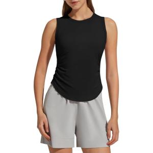 G4Free Lyocell Ruched Side Workout Tank Tops Woman High Neck Waist Length Gym Tanks Soft Relaxed Fit for Training(Black)