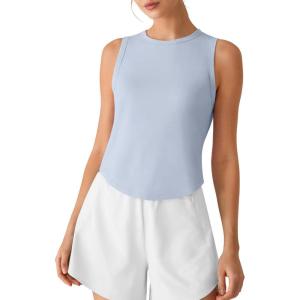 G4Free Lyocell Ruched Side Workout Tank Tops Woman High Neck Waist Length Gym Tanks Soft Relaxed Fit for Training(Light Denim)