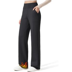 G4Free Women Fleece Lined Pants with Pockets Wide Leg Winter Thermal Work Trousers Dressy Casual Petite/Regular/Tall(Black)
