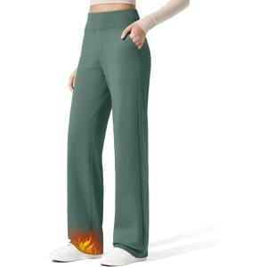 G4Free Women Fleece Lined Pants with Pockets Wide Leg Winter Thermal Work Trousers Dressy Casual Petite/Regular/Tall(Dark Forest Green)