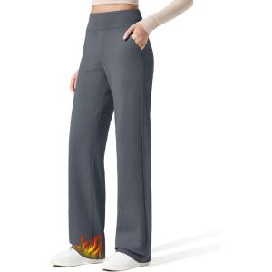 G4Free Women Fleece Lined Pants with Pockets Wide Leg Winter Thermal Work Trousers Dressy Casual Petite/Regular/Tall(Deep Grey)
