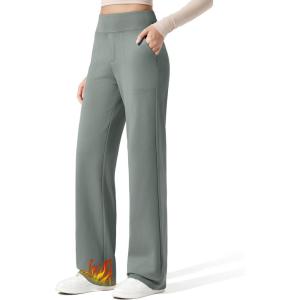 G4Free Women Fleece Lined Pants with Pockets Wide Leg Winter Thermal Work Trousers Dressy Casual Petite/Regular/Tall(Gray Sage)