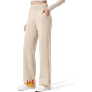 G4Free Women Fleece Lined Pants with Pockets Wide Leg Winter Thermal Work Trousers Dressy Casual Petite/Regular/Tall(Light Khaki)