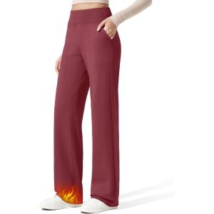 G4Free Women Fleece Lined Pants with Pockets Wide Leg Winter Thermal Work Trousers Dressy Casual Petite/Regular/Tall(Wine Red)