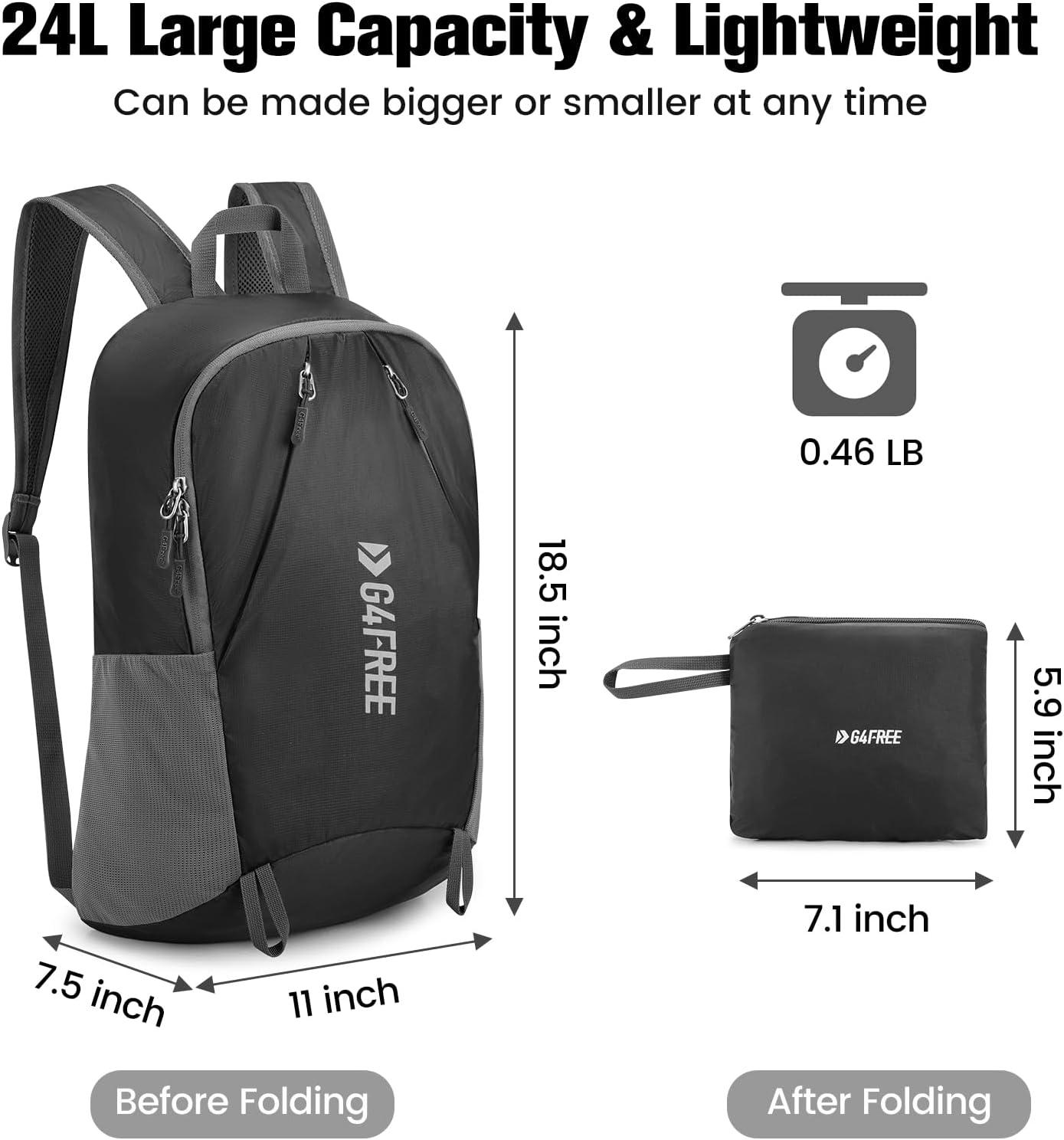 imageG4Free 24L Packable Hiking Backpack Lightweight Foldable Small Sport Travel Daypack Water Resistant for Women MenBlack
