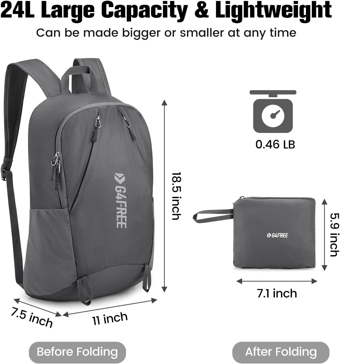 imageG4Free 24L Packable Hiking Backpack Lightweight Foldable Small Sport Travel Daypack Water Resistant for Women MenDark Grey