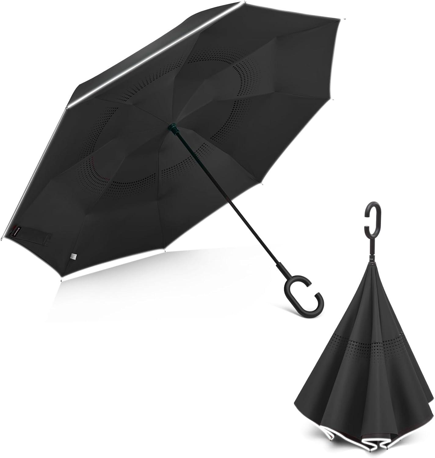 imageG4Free 4862 Inch Large Inverted Reverse Umbrella with CShaped Handle Windproof Double Layer Upside Down Car Rain Umbrellas for Men WomenBlack with Reflective Stripe