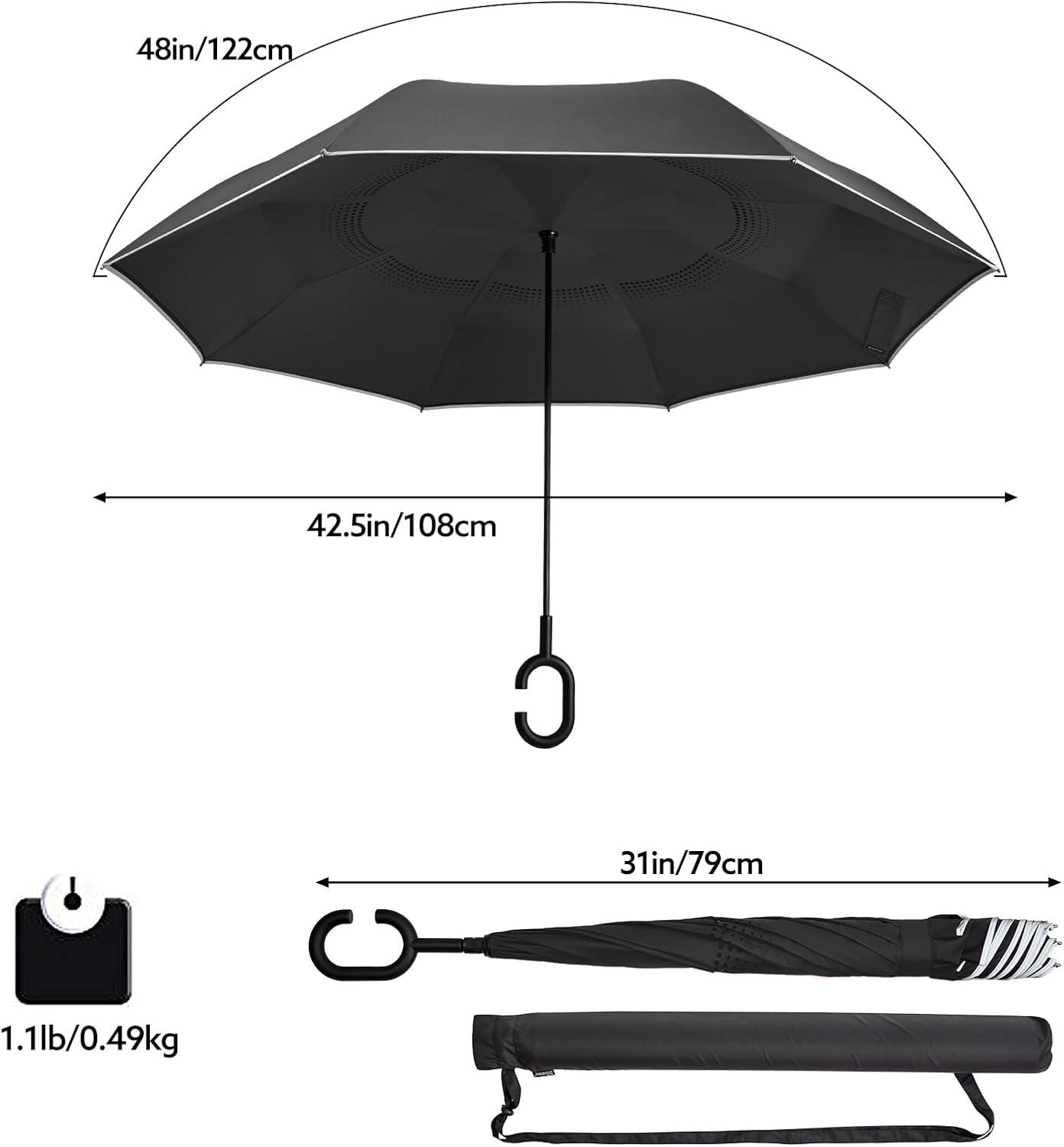imageG4Free 4862 Inch Large Inverted Reverse Umbrella with CShaped Handle Windproof Double Layer Upside Down Car Rain Umbrellas for Men WomenBlack with Reflective Stripe