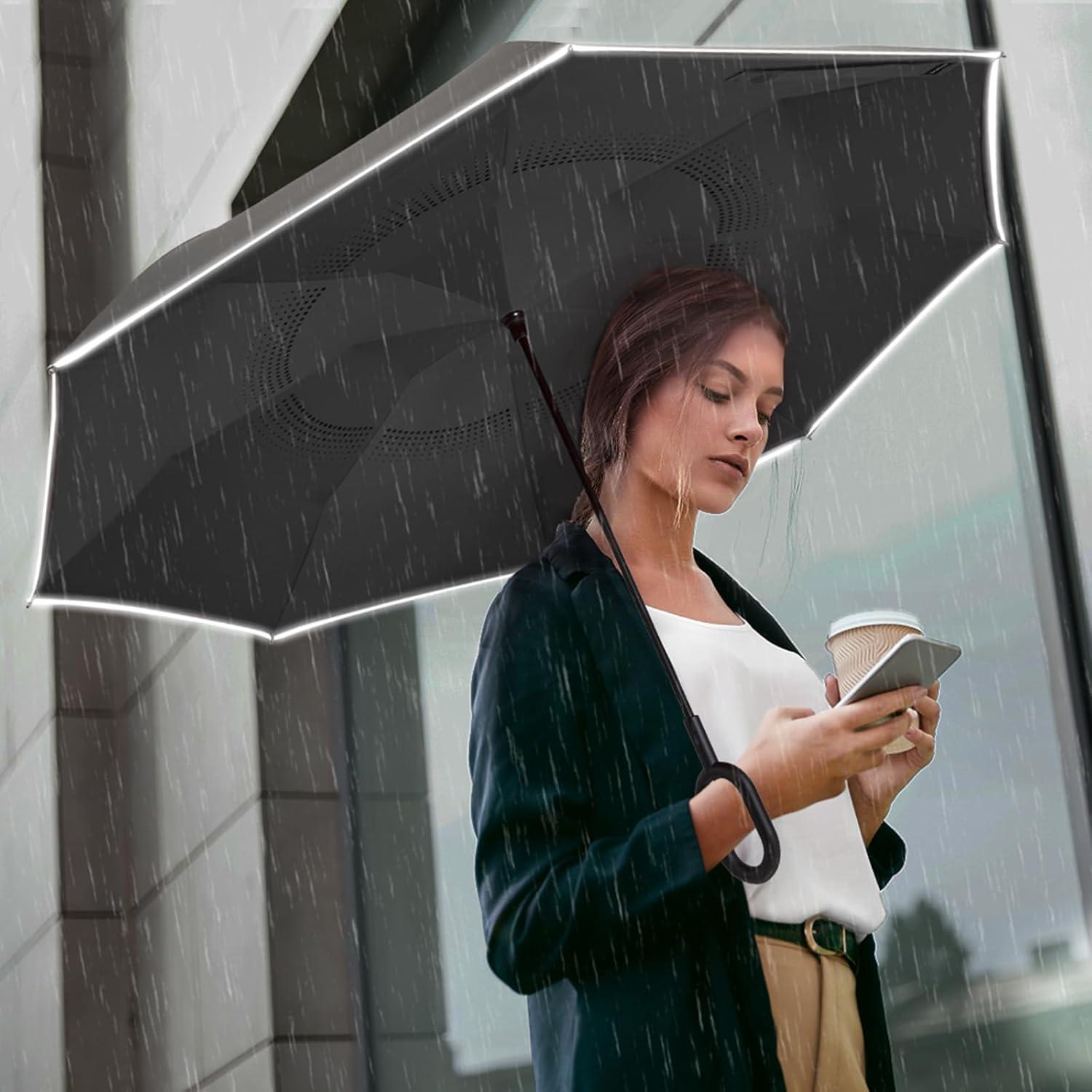 imageG4Free 4862 Inch Large Inverted Reverse Umbrella with CShaped Handle Windproof Double Layer Upside Down Car Rain Umbrellas for Men WomenBlack with Reflective Stripe