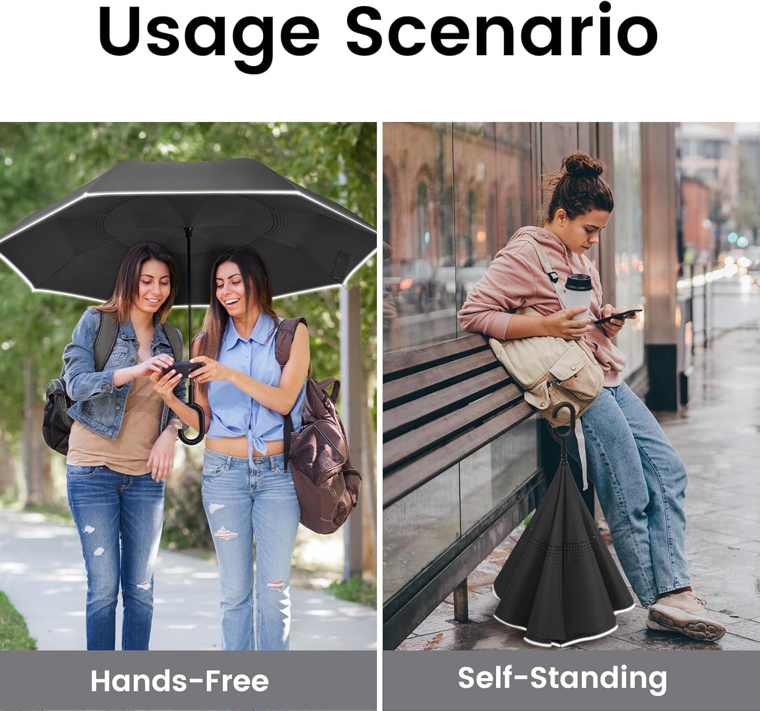 imageG4Free 4862 Inch Large Inverted Reverse Umbrella with CShaped Handle Windproof Double Layer Upside Down Car Rain Umbrellas for Men WomenBlack with Reflective Stripe