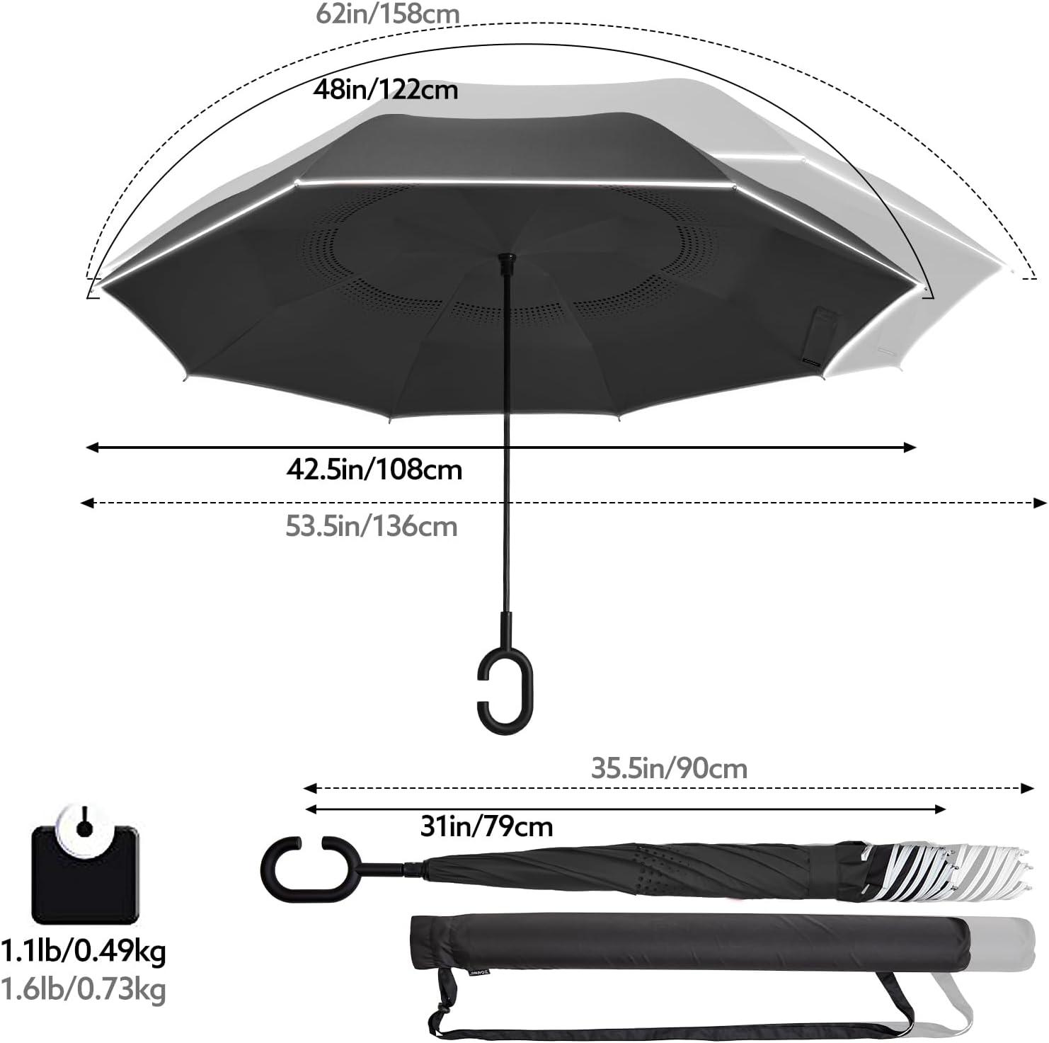 imageG4Free 4862 Inch Large Inverted Reverse Umbrella with CShaped Handle Windproof Double Layer Upside Down Car Rain Umbrellas for Men WomenBlack with Reflective Stripe