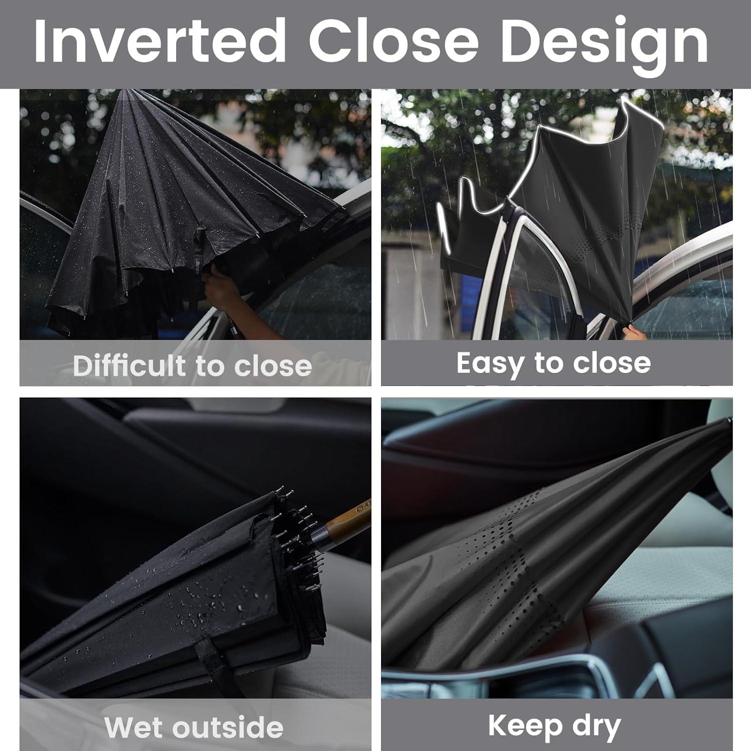 imageG4Free 4862 Inch Large Inverted Reverse Umbrella with CShaped Handle Windproof Double Layer Upside Down Car Rain Umbrellas for Men WomenBlack with Reflective Stripe