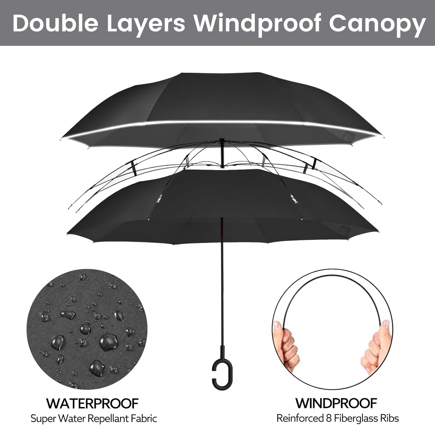 imageG4Free 4862 Inch Large Inverted Reverse Umbrella with CShaped Handle Windproof Double Layer Upside Down Car Rain Umbrellas for Men WomenBlack with Reflective Stripe