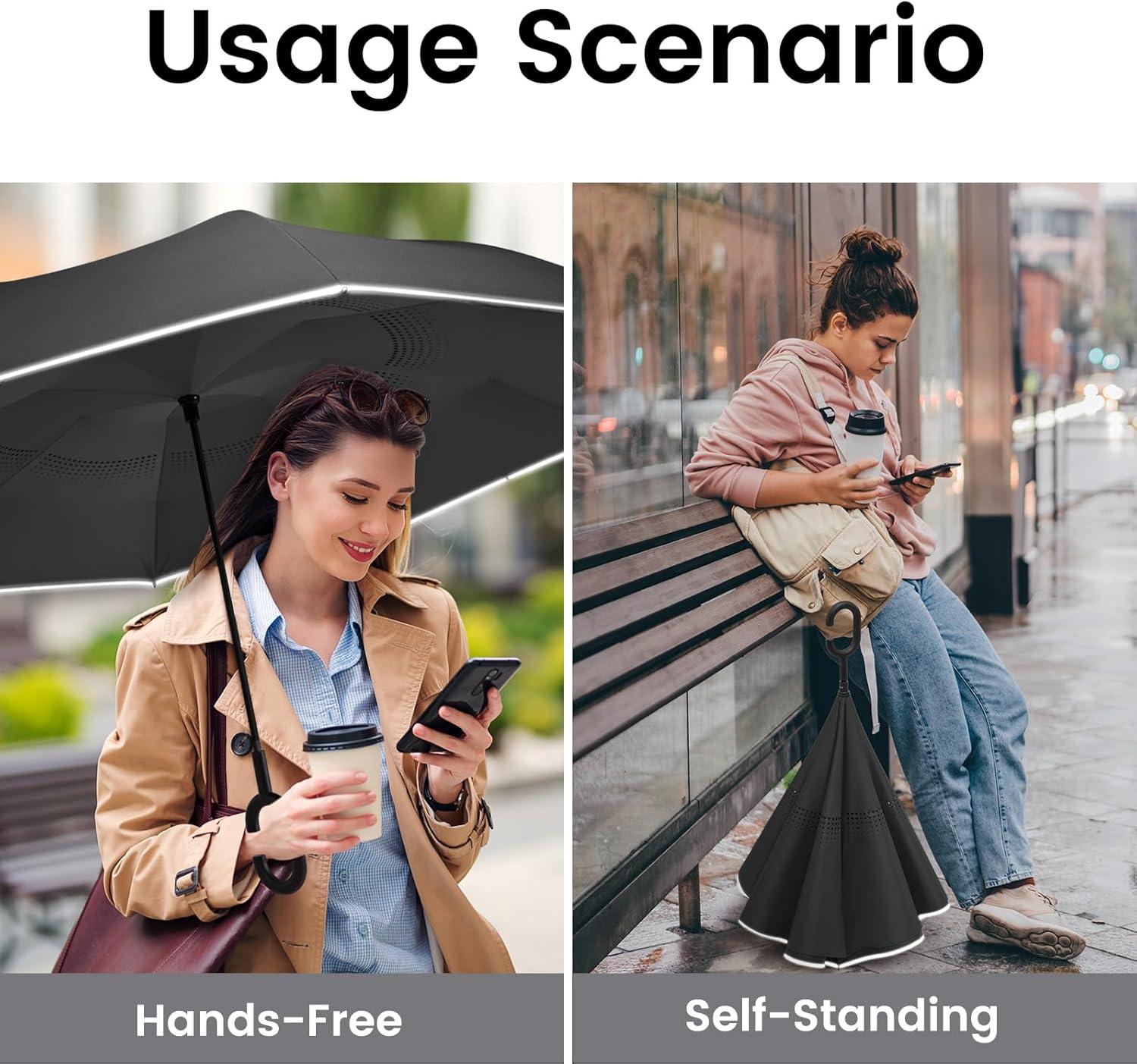 imageG4Free 4862 Inch Large Inverted Reverse Umbrella with CShaped Handle Windproof Double Layer Upside Down Car Rain Umbrellas for Men WomenBlack with Reflective Stripe