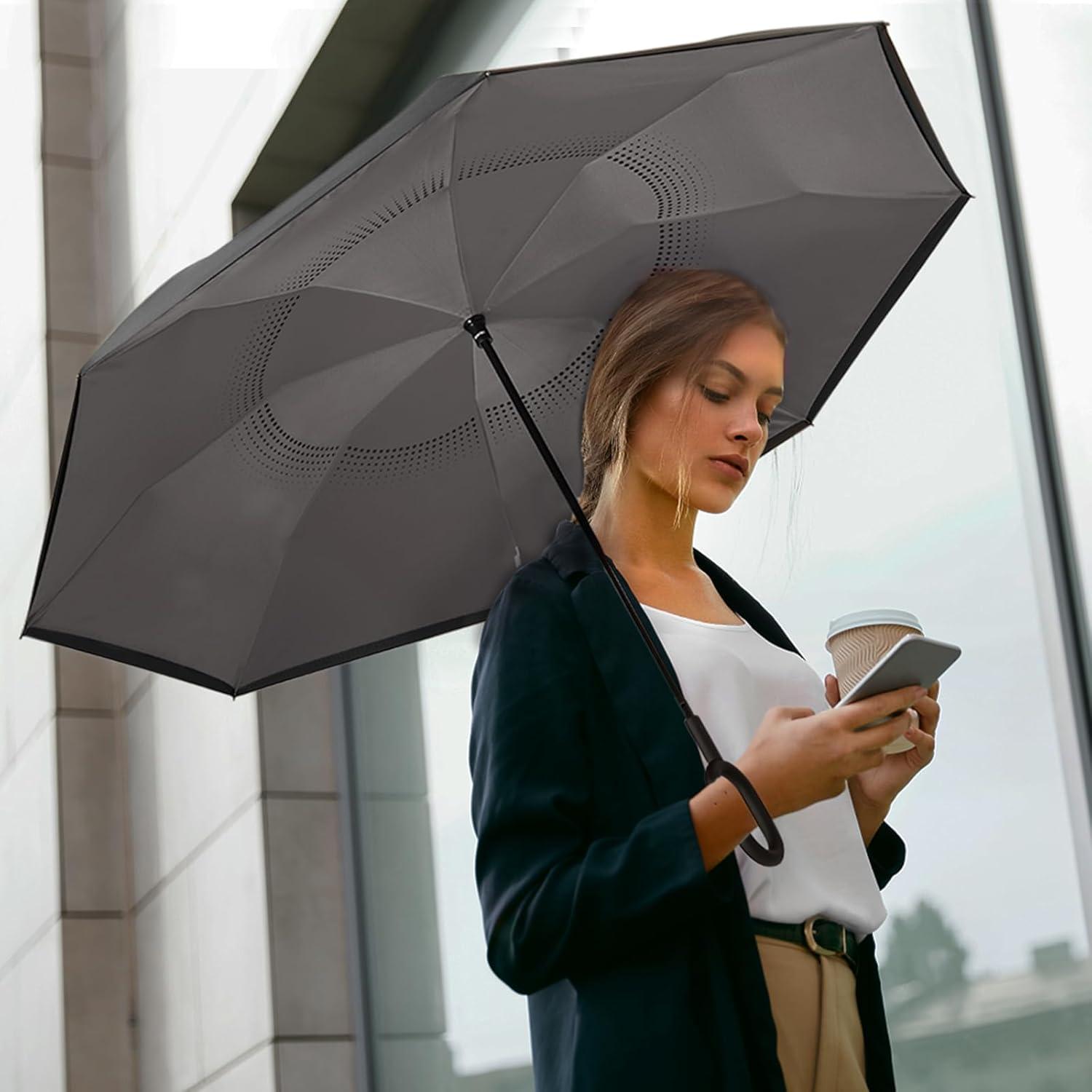 imageG4Free 4862 Inch Large Inverted Reverse Umbrella with CShaped Handle Windproof Double Layer Upside Down Car Rain Umbrellas for Men WomenGrey
