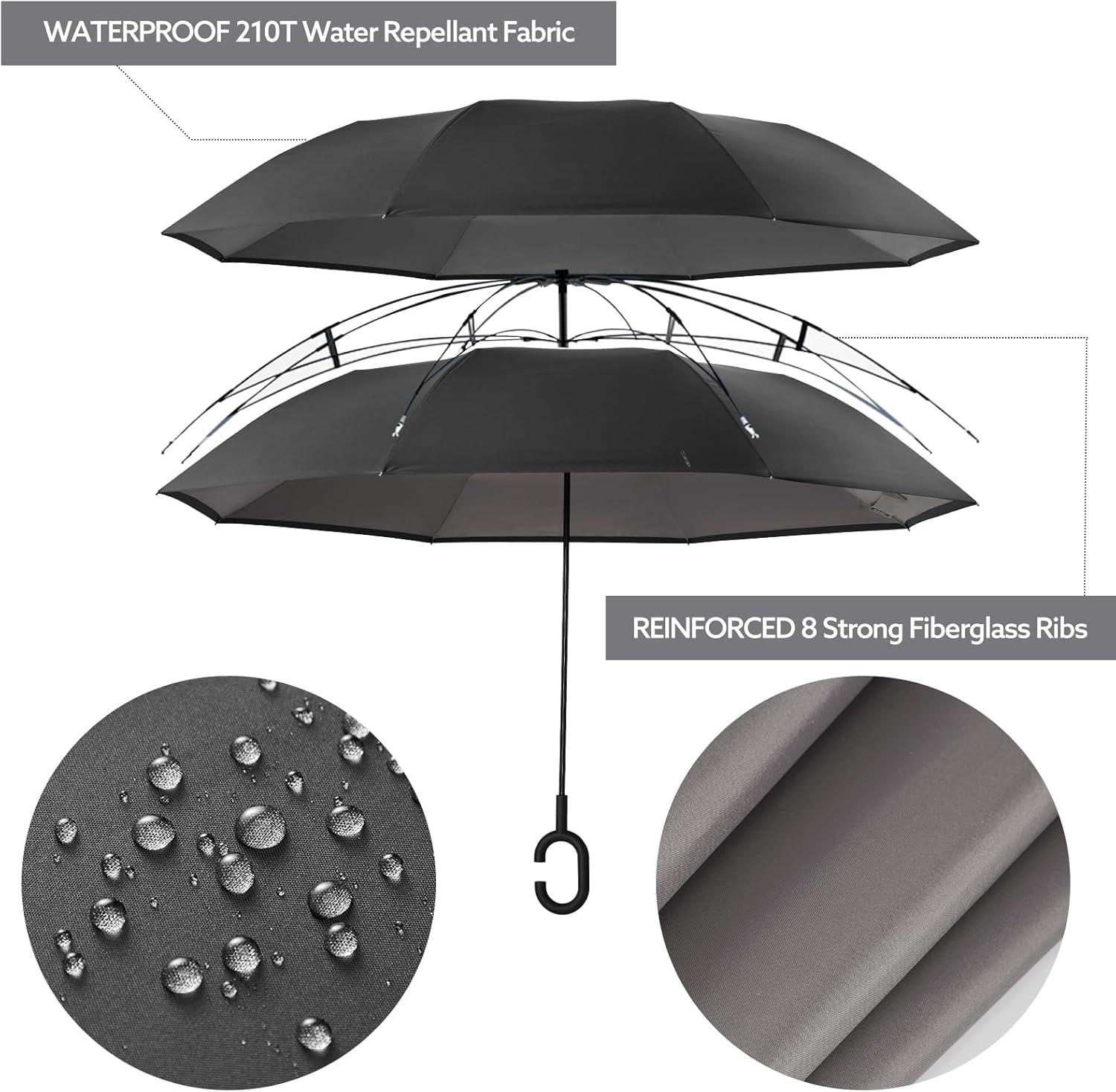 imageG4Free 4862 Inch Large Inverted Reverse Umbrella with CShaped Handle Windproof Double Layer Upside Down Car Rain Umbrellas for Men WomenGrey