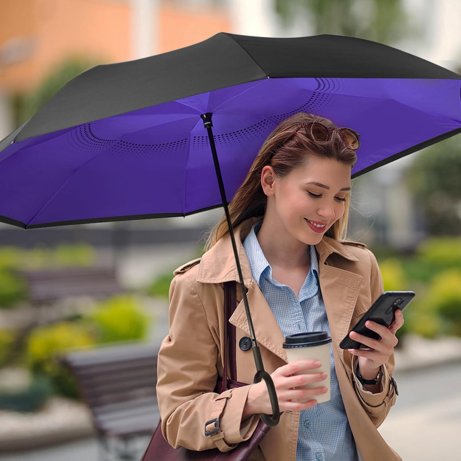 imageG4Free 4862 Inch Large Inverted Reverse Umbrella with CShaped Handle Windproof Double Layer Upside Down Car Rain Umbrellas for Men WomenPurple