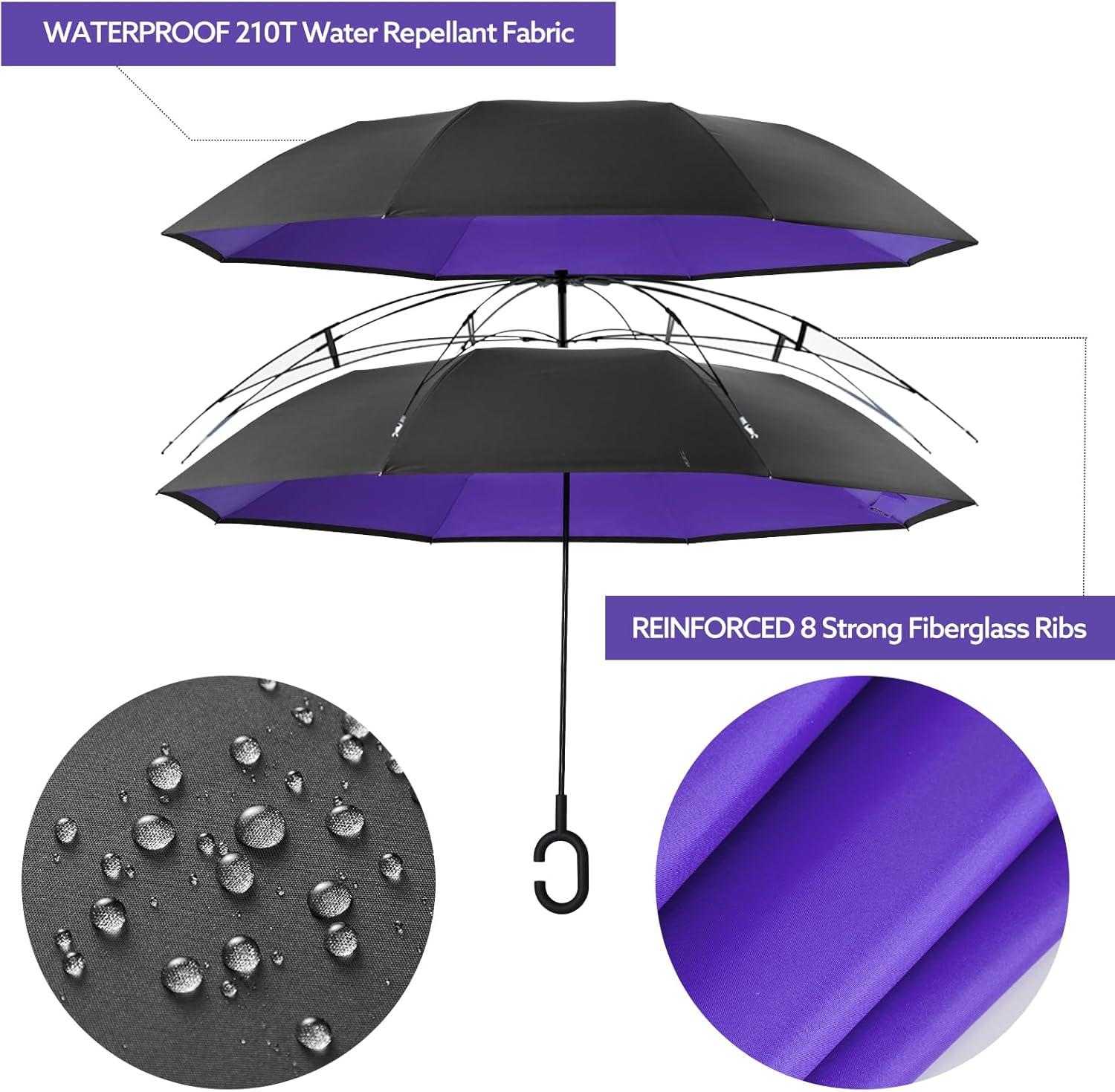imageG4Free 4862 Inch Large Inverted Reverse Umbrella with CShaped Handle Windproof Double Layer Upside Down Car Rain Umbrellas for Men WomenPurple