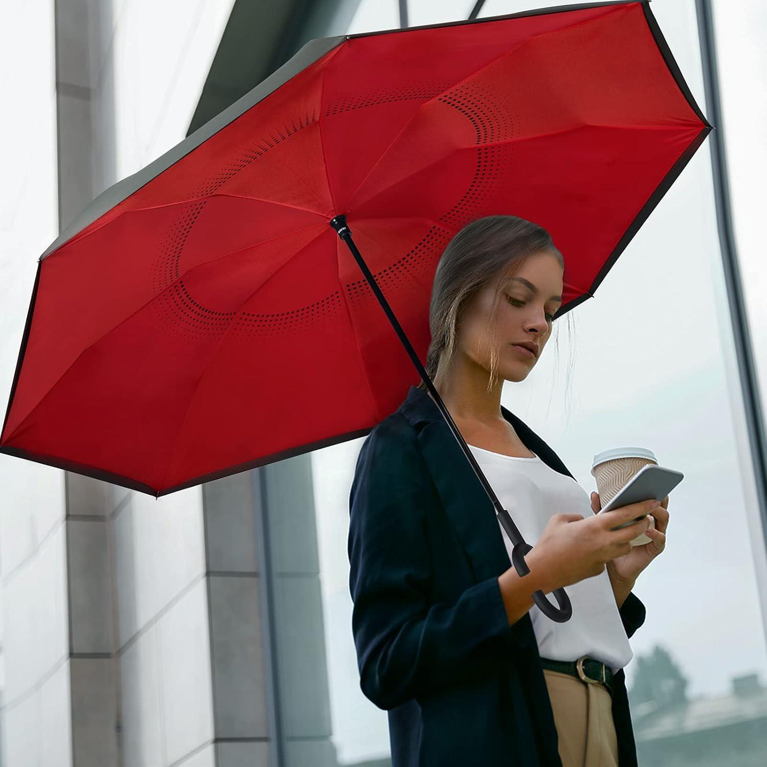 imageG4Free 4862 Inch Large Inverted Reverse Umbrella with CShaped Handle Windproof Double Layer Upside Down Car Rain Umbrellas for Men WomenRed