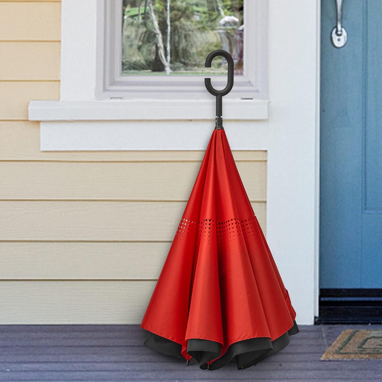 imageG4Free 4862 Inch Large Inverted Reverse Umbrella with CShaped Handle Windproof Double Layer Upside Down Car Rain Umbrellas for Men WomenRed