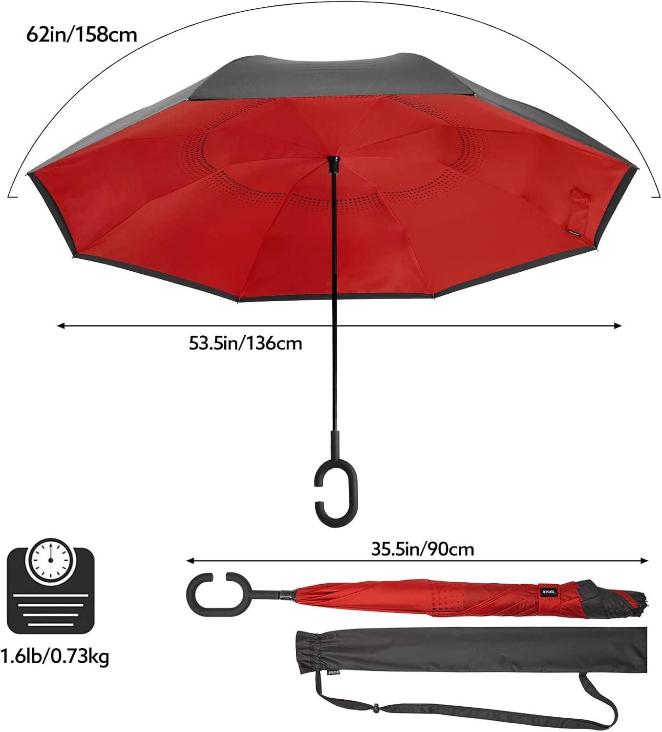 imageG4Free 4862 Inch Large Inverted Reverse Umbrella with CShaped Handle Windproof Double Layer Upside Down Car Rain Umbrellas for Men WomenRed
