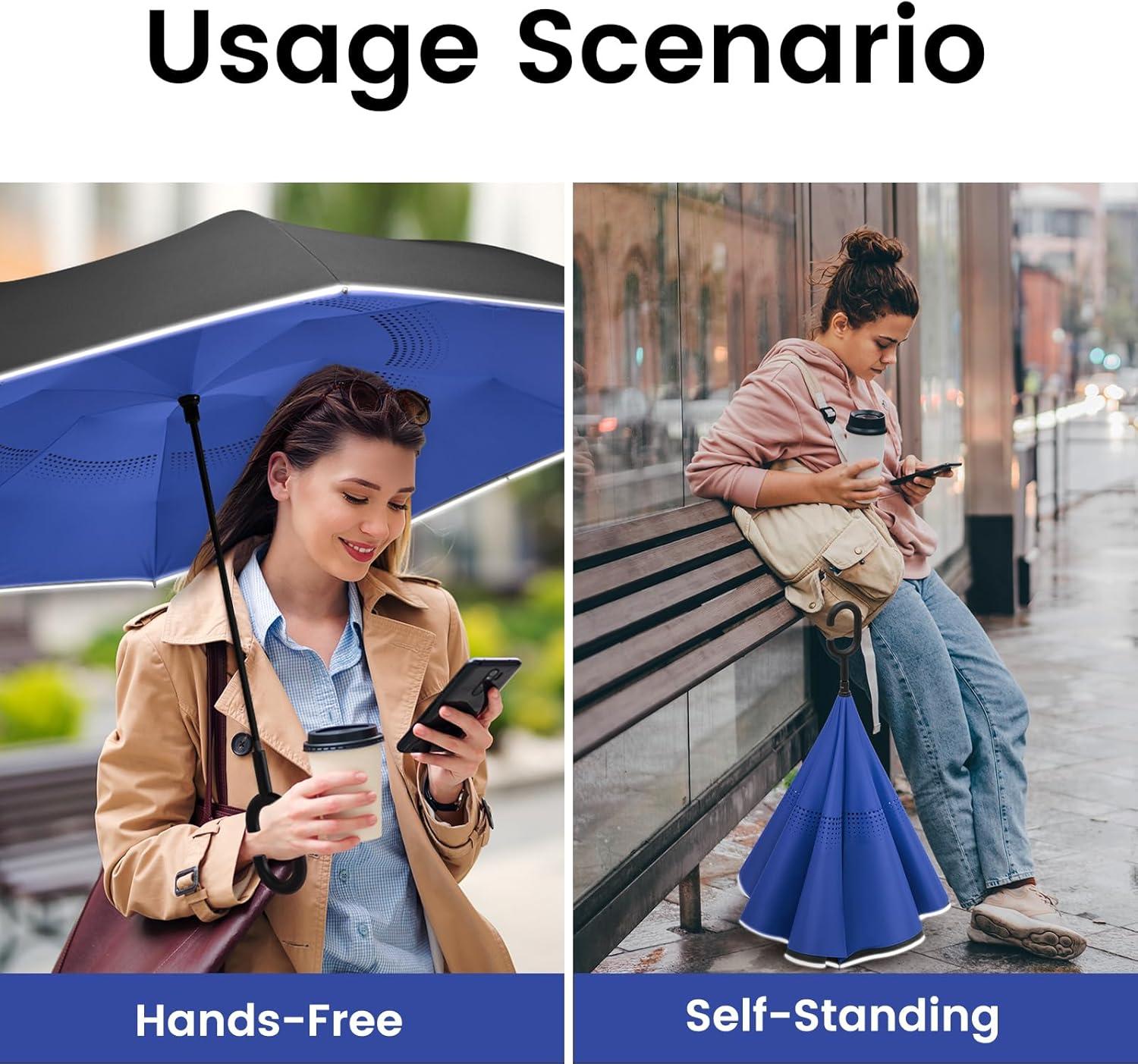 imageG4Free 4862 Inch Large Inverted Reverse Umbrella with CShaped Handle Windproof Double Layer Upside Down Car Rain Umbrellas for Men WomenRoyal Blue with Reflective Stripe