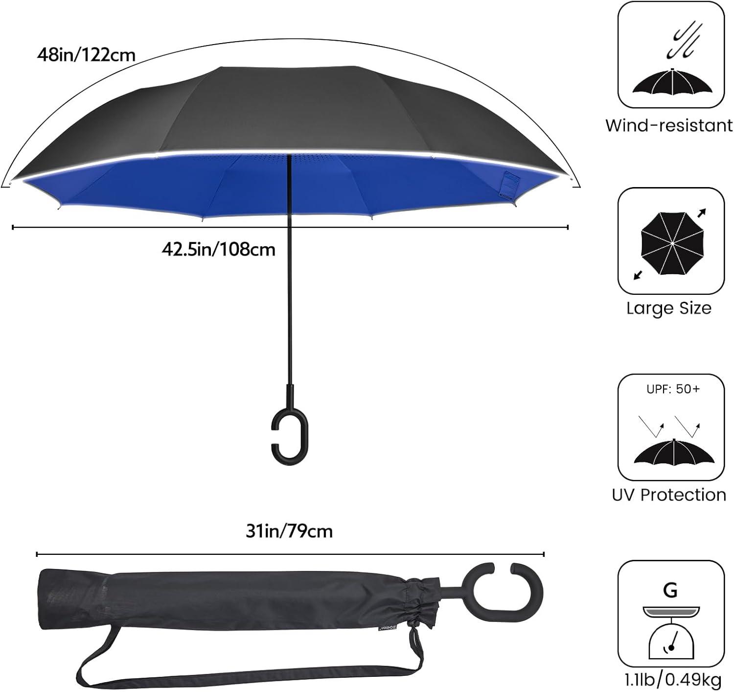 imageG4Free 4862 Inch Large Inverted Reverse Umbrella with CShaped Handle Windproof Double Layer Upside Down Car Rain Umbrellas for Men WomenRoyal Blue with Reflective Stripe