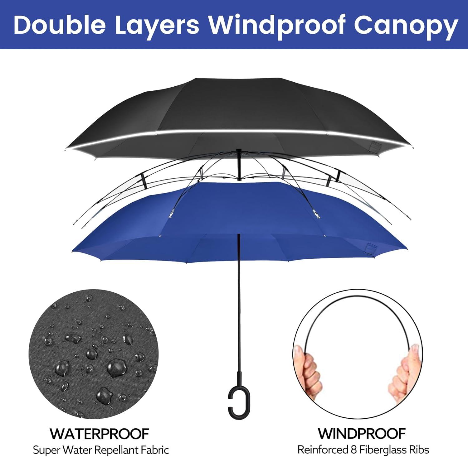 imageG4Free 4862 Inch Large Inverted Reverse Umbrella with CShaped Handle Windproof Double Layer Upside Down Car Rain Umbrellas for Men WomenRoyal Blue with Reflective Stripe