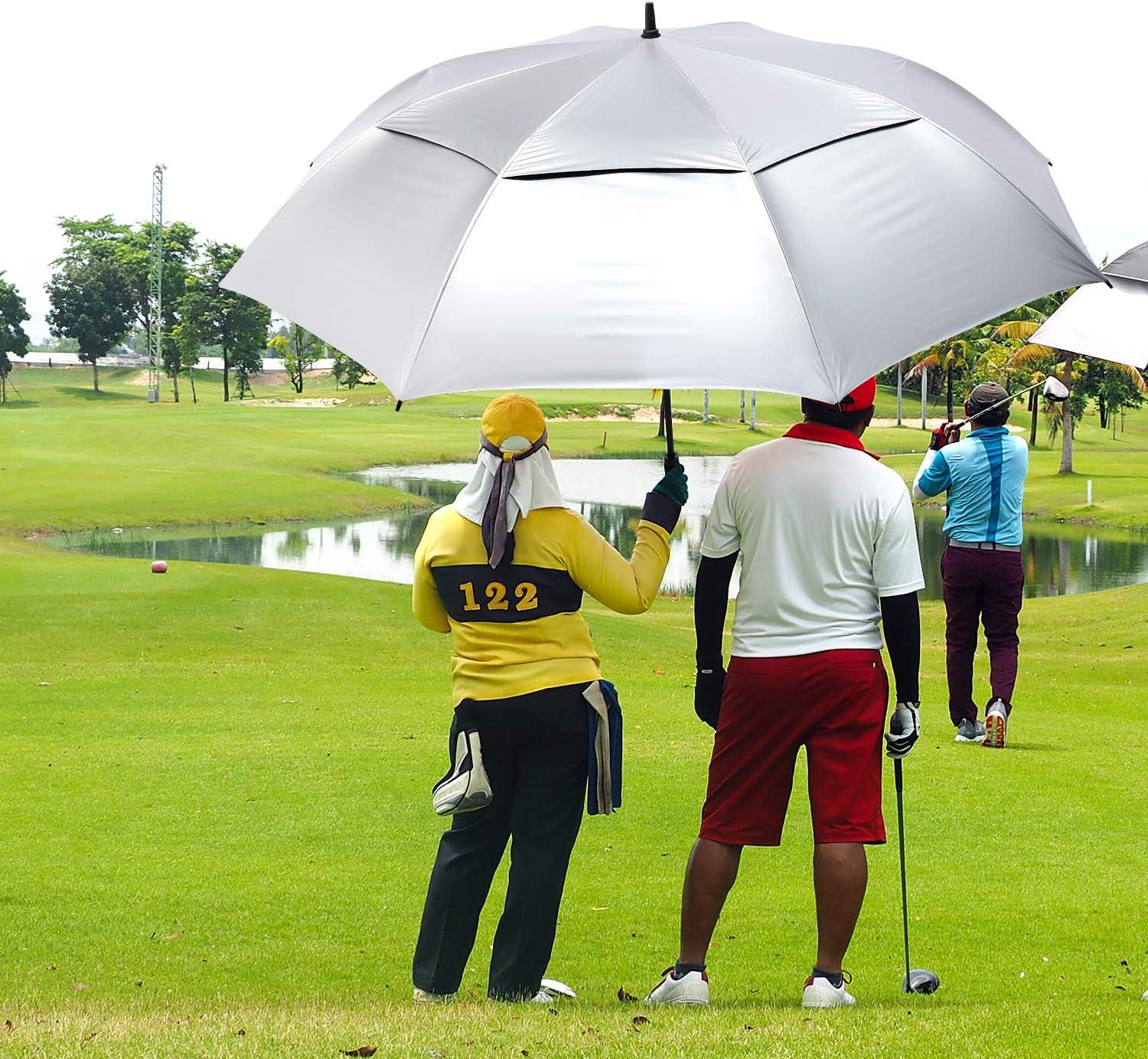 imageG4Free 72 Inch Huge Golf Umbrella UV Protection Auto Open Windproof Umbrella Oversized Extra Large Vented Double Canopy for FamilySilverBlue