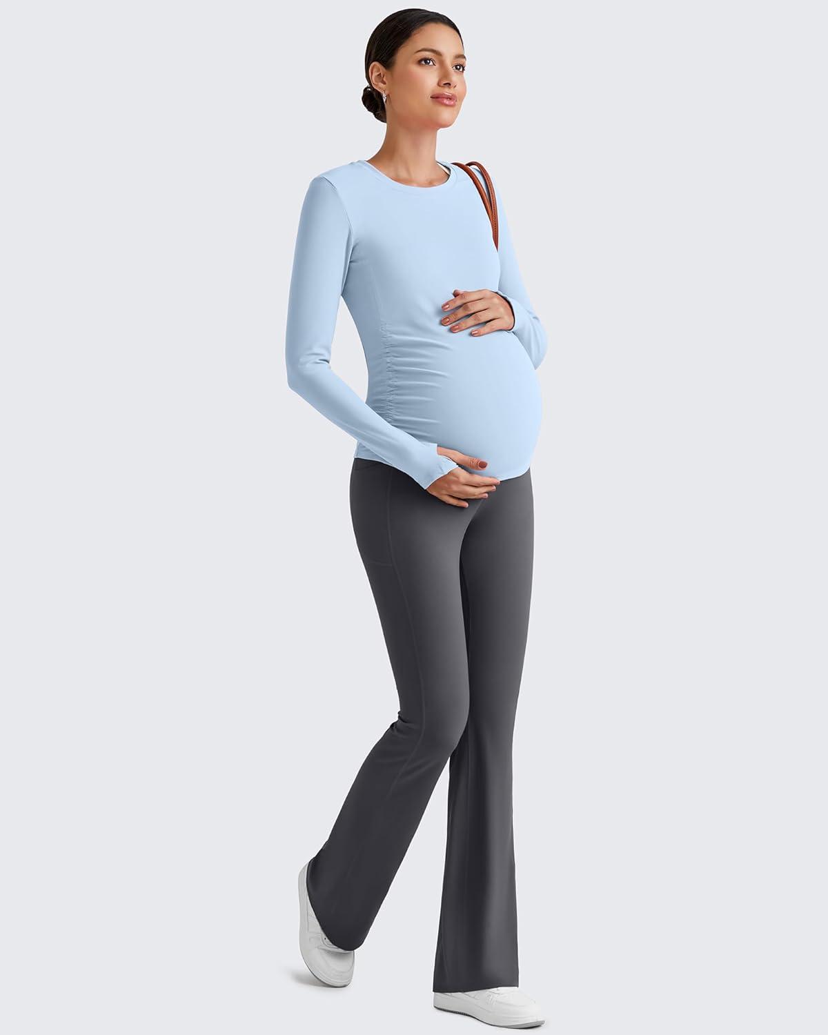 imageG4Free BareFeel Maternity Long Sleeve T Shirts Crewneck Ruches Pregnancy Workout Tops with Thumbholes Altheltic Yoga TeeLight Denim