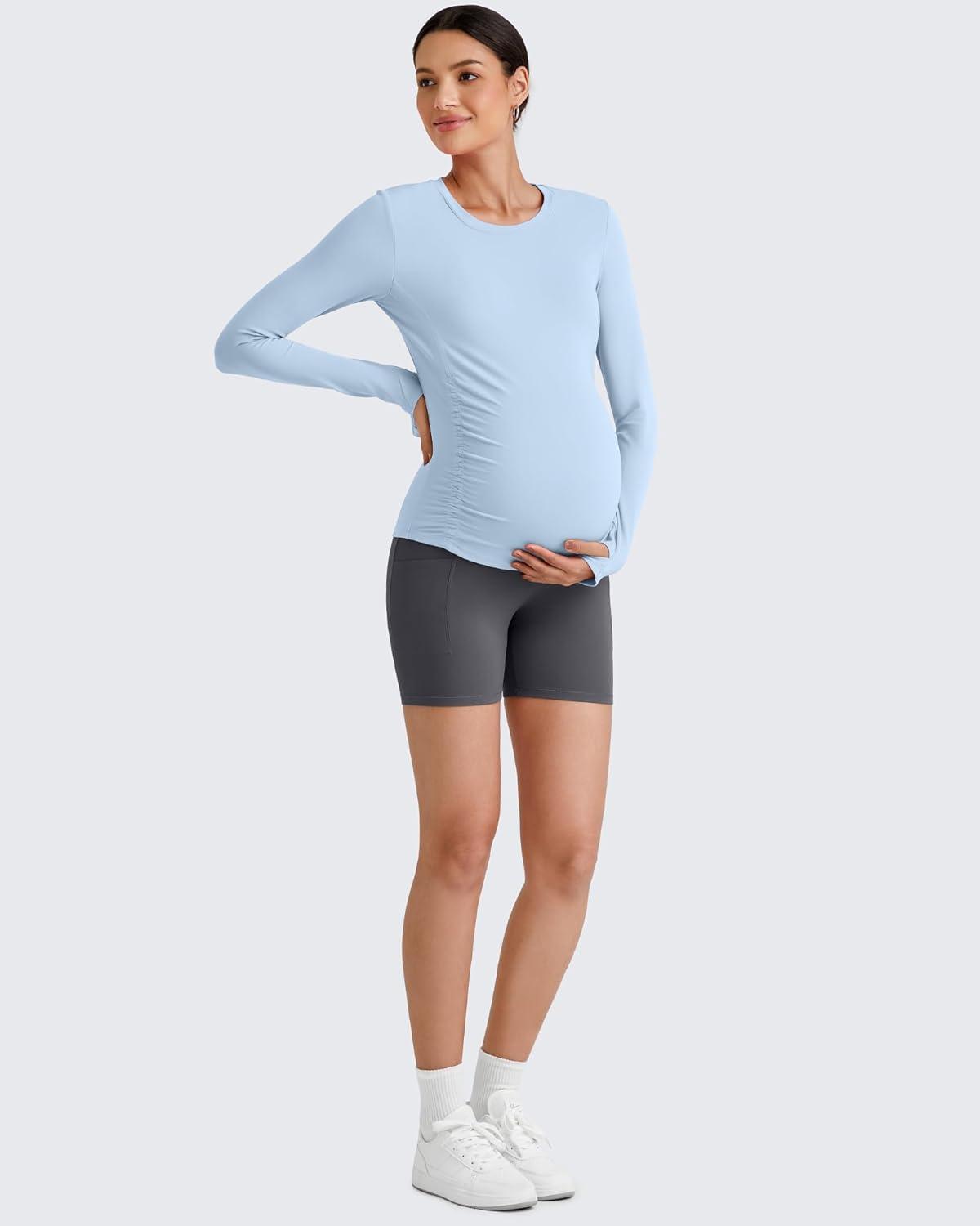 imageG4Free BareFeel Maternity Long Sleeve T Shirts Crewneck Ruches Pregnancy Workout Tops with Thumbholes Altheltic Yoga TeeLight Denim