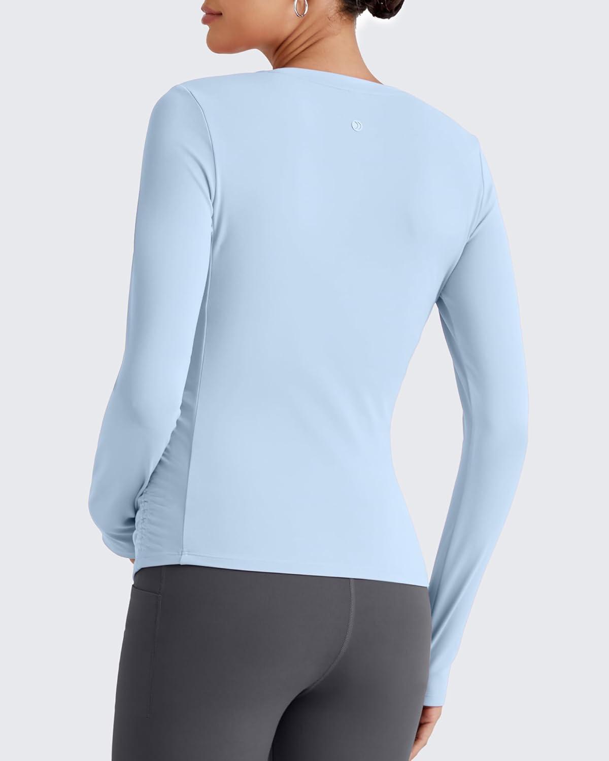 imageG4Free BareFeel Maternity Long Sleeve T Shirts Crewneck Ruches Pregnancy Workout Tops with Thumbholes Altheltic Yoga TeeLight Denim