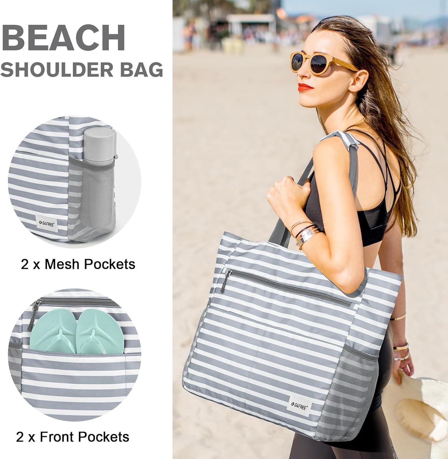 imageG4Free Beach Bag Waterproof Sandproof Beach Tote Bag Large Capacity Foldable for WomenGrey Stripe