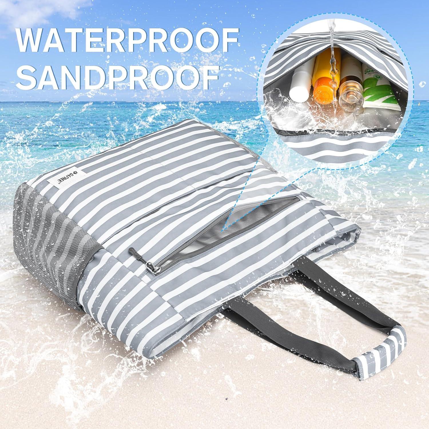 imageG4Free Beach Bag Waterproof Sandproof Beach Tote Bag Large Capacity Foldable for WomenGrey Stripe