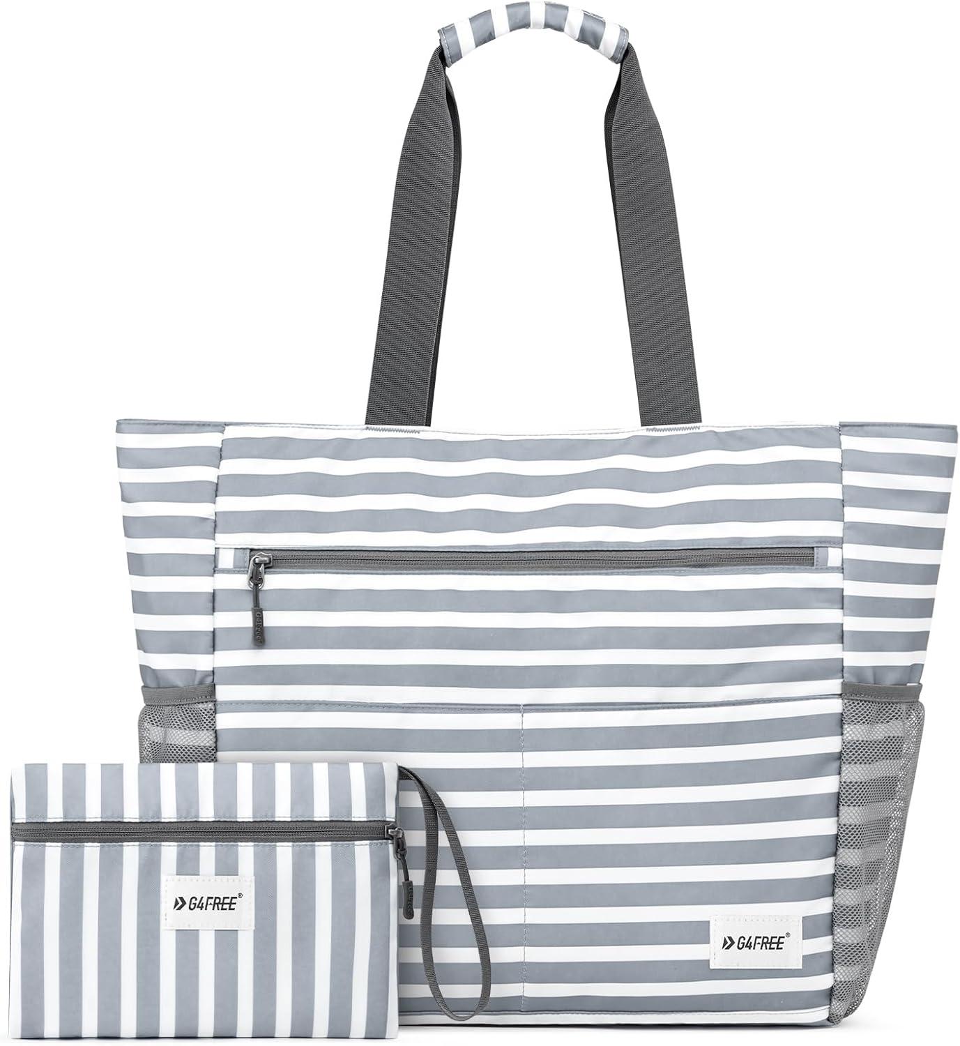 imageG4Free Beach Bag Waterproof Sandproof Beach Tote Bag Large Capacity Foldable for WomenGrey Stripe