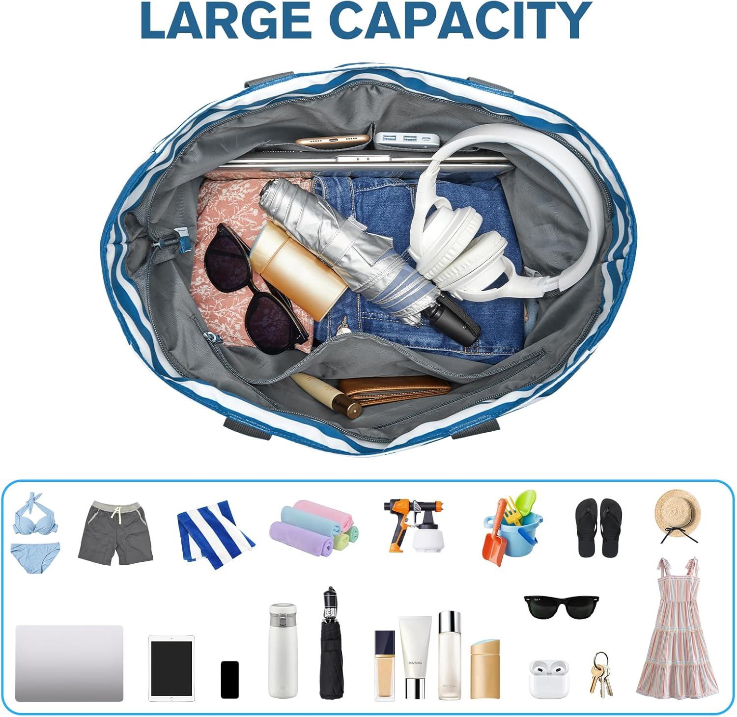imageG4Free Beach Bag Waterproof Sandproof Beach Tote Bag Large Capacity Foldable for WomenNavy Stripe