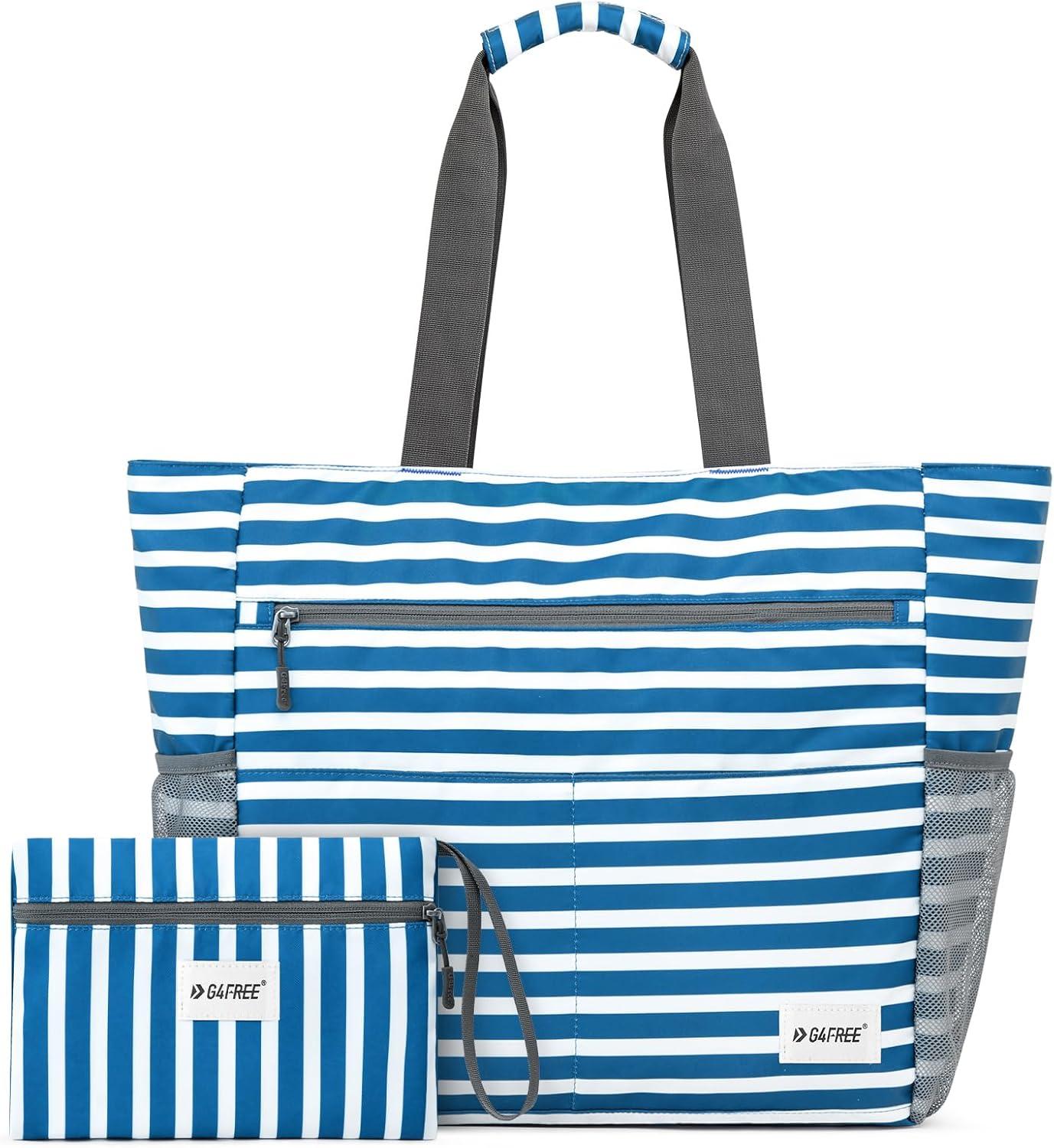imageG4Free Beach Bag Waterproof Sandproof Beach Tote Bag Large Capacity Foldable for WomenNavy Stripe
