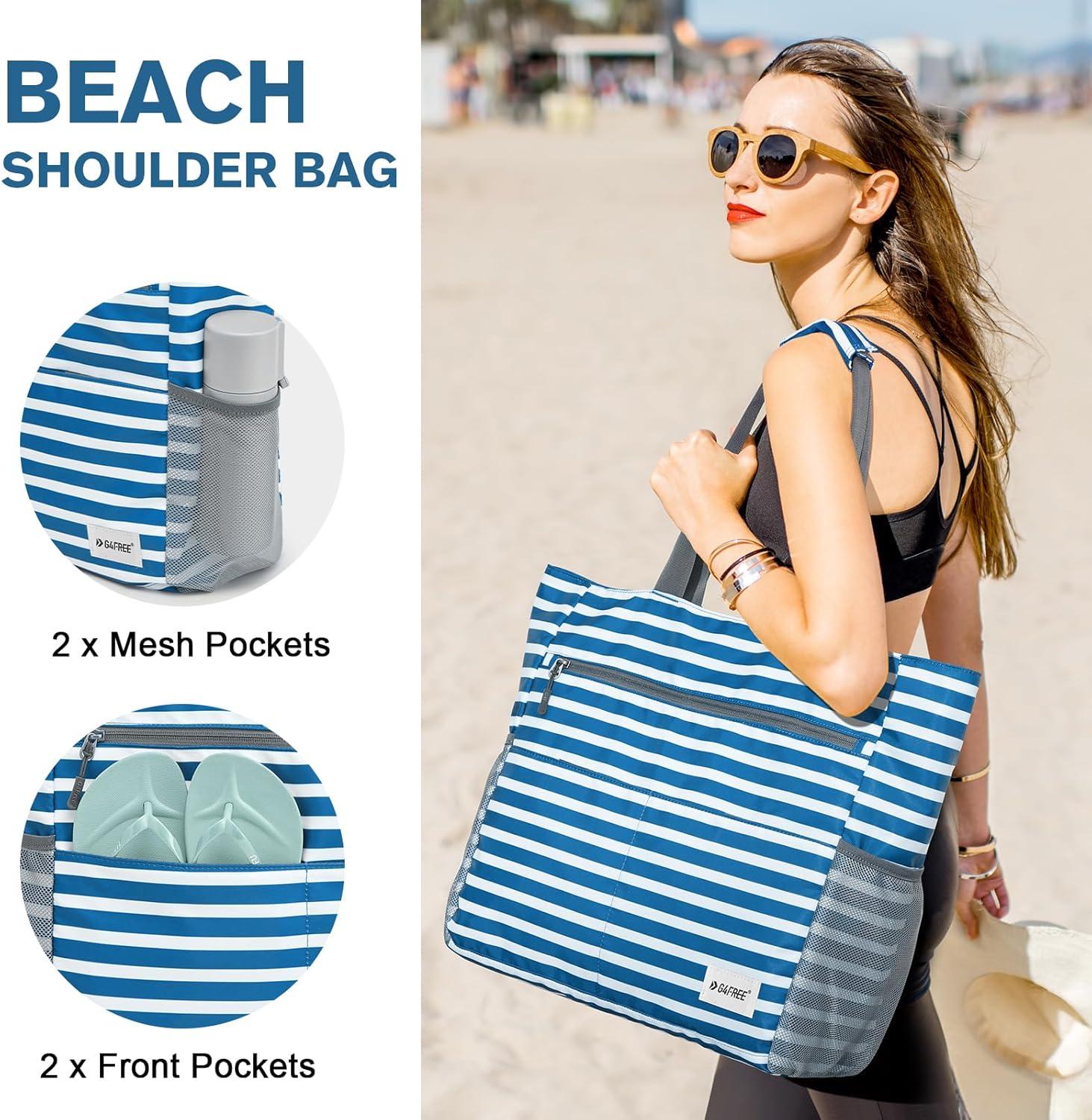 imageG4Free Beach Bag Waterproof Sandproof Beach Tote Bag Large Capacity Foldable for WomenNavy Stripe