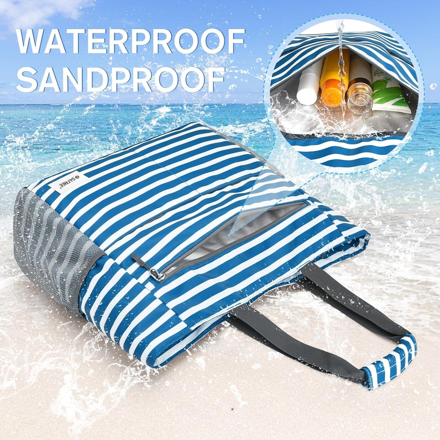 imageG4Free Beach Bag Waterproof Sandproof Beach Tote Bag Large Capacity Foldable for WomenNavy Stripe