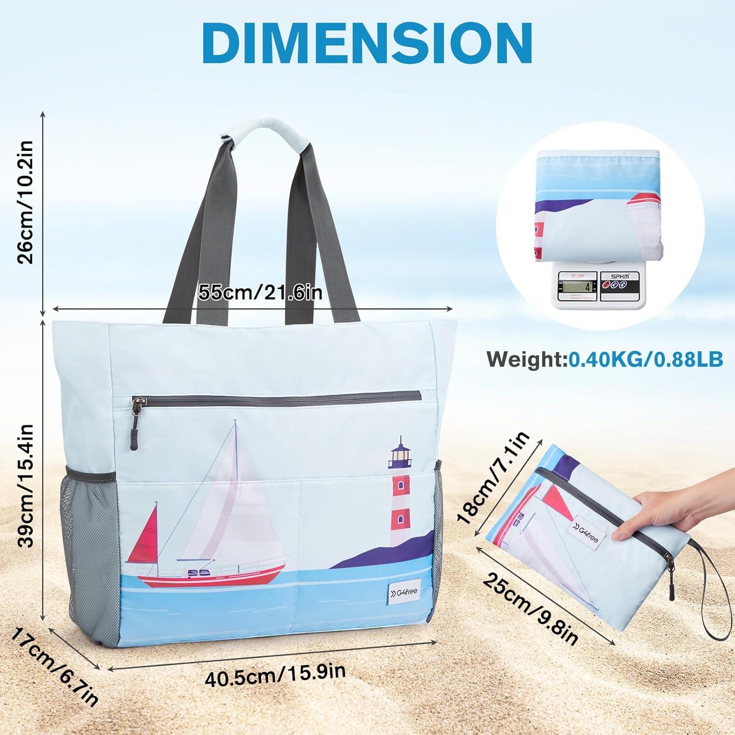 imageG4Free Beach Bag Waterproof Sandproof Beach Tote Bag Large Capacity Foldable for WomenSailboat Print