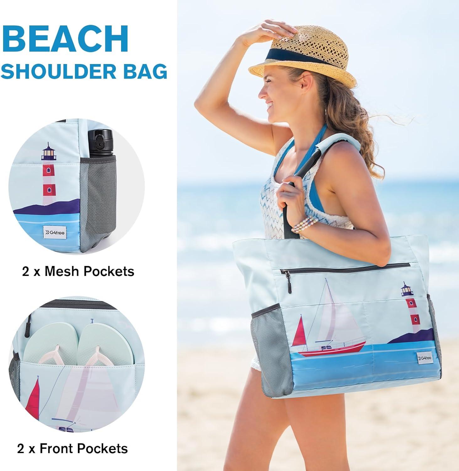 imageG4Free Beach Bag Waterproof Sandproof Beach Tote Bag Large Capacity Foldable for WomenSailboat Print