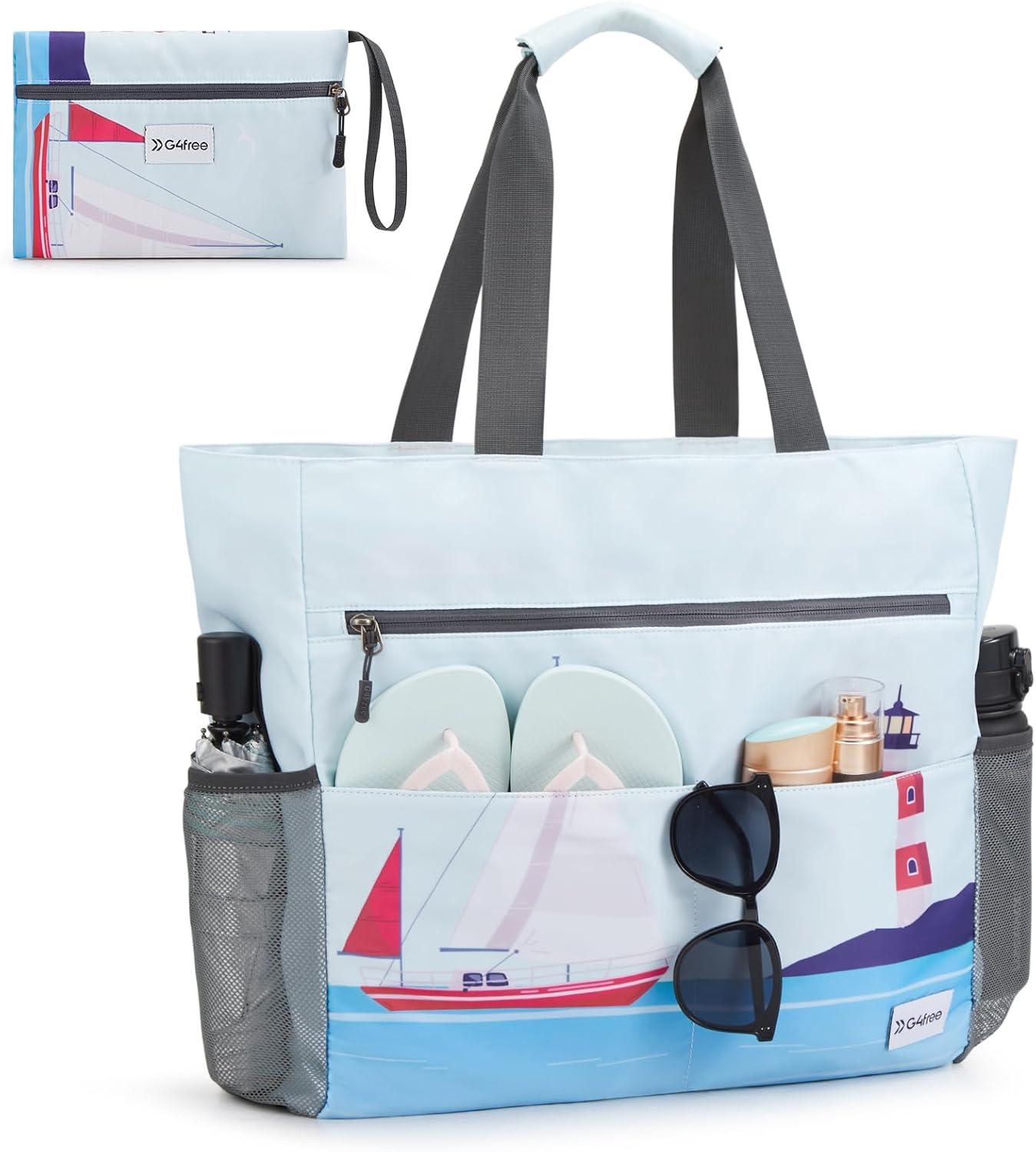 imageG4Free Beach Bag Waterproof Sandproof Beach Tote Bag Large Capacity Foldable for WomenSailboat Print