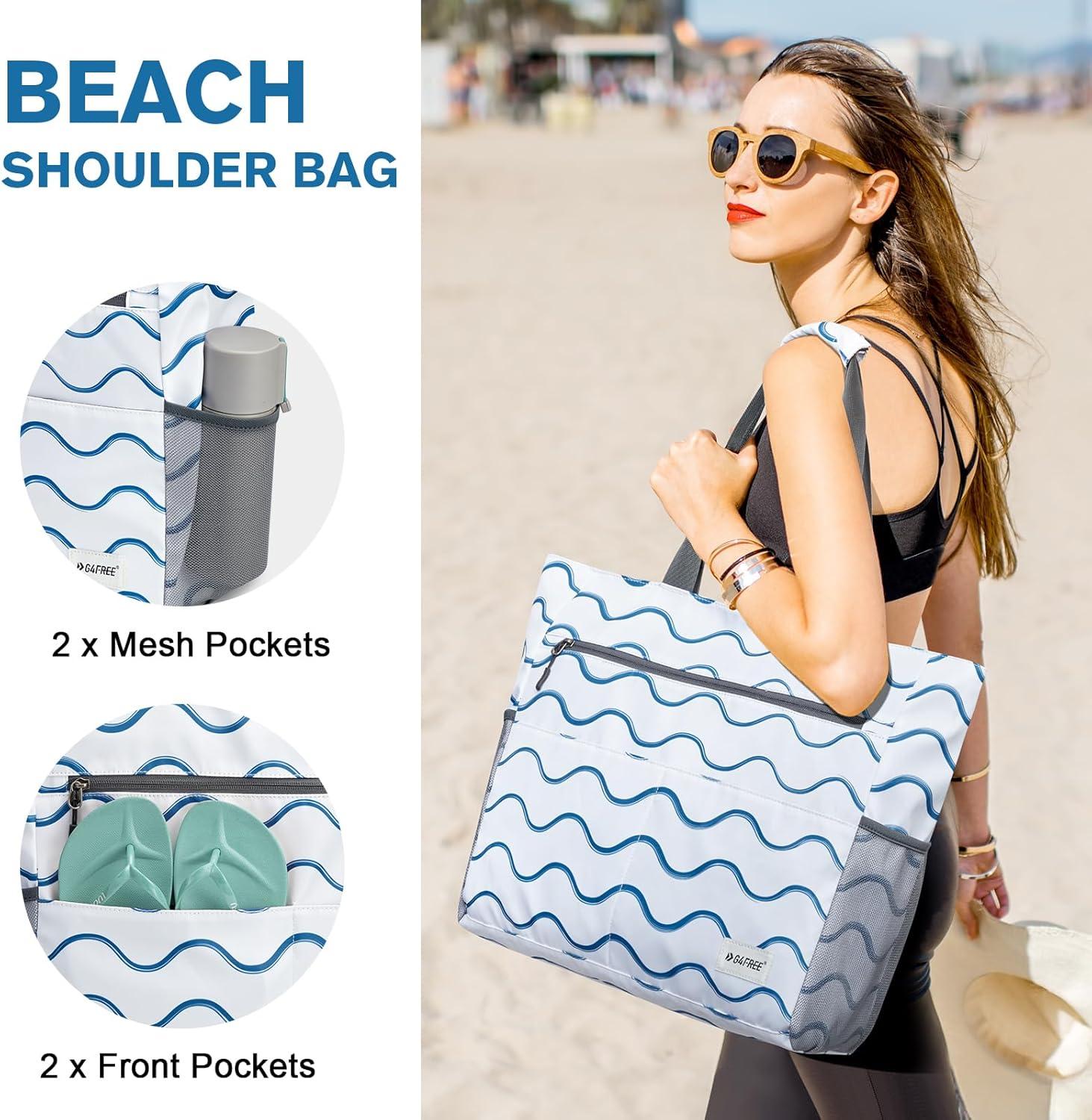 imageG4Free Beach Bag Waterproof Sandproof Beach Tote Bag Large Capacity Foldable for WomenWavy