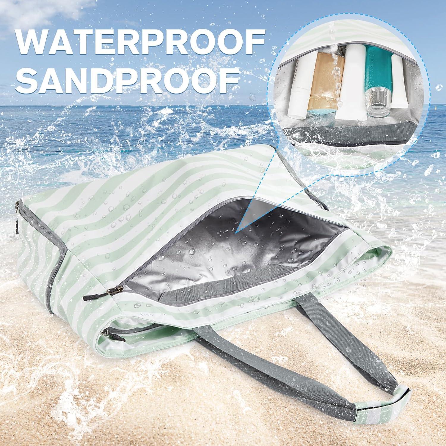 imageG4Free Large Beach Bag Foldable Tote with Zipper Waterproof Sandproof Pool BagLight Green
