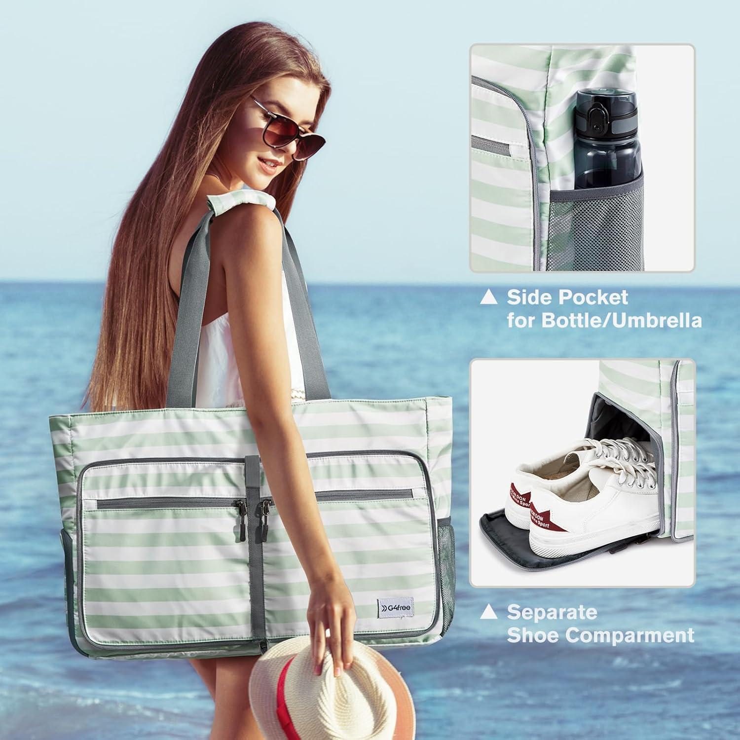 imageG4Free Large Beach Bag Foldable Tote with Zipper Waterproof Sandproof Pool BagLight Green