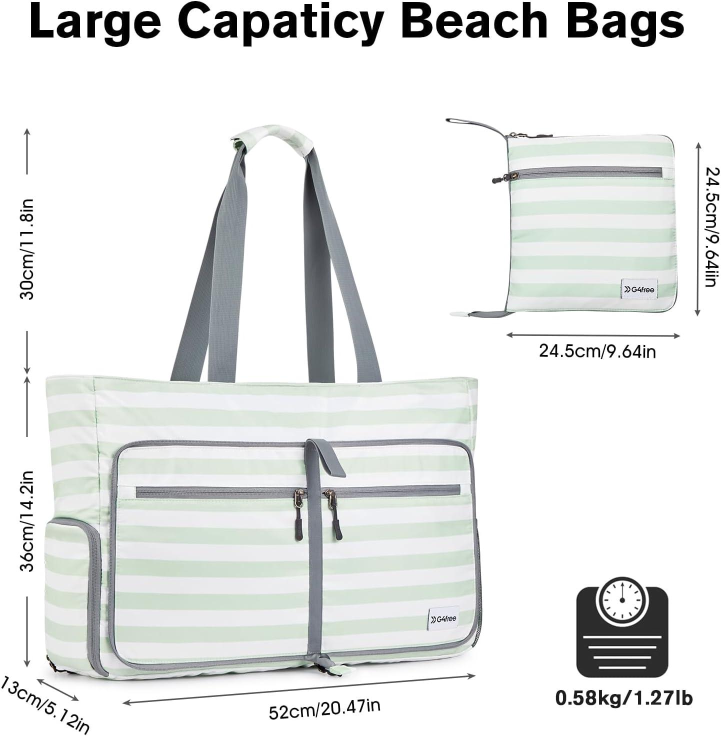 imageG4Free Large Beach Bag Foldable Tote with Zipper Waterproof Sandproof Pool BagLight Green